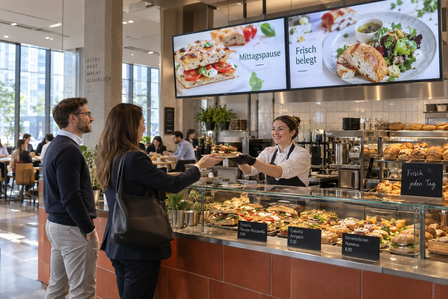 KI-generiertes Anwendungsbeispiel: helle Bäckerei mit aktiven Displays für belegte Brote zur Mittagszeit