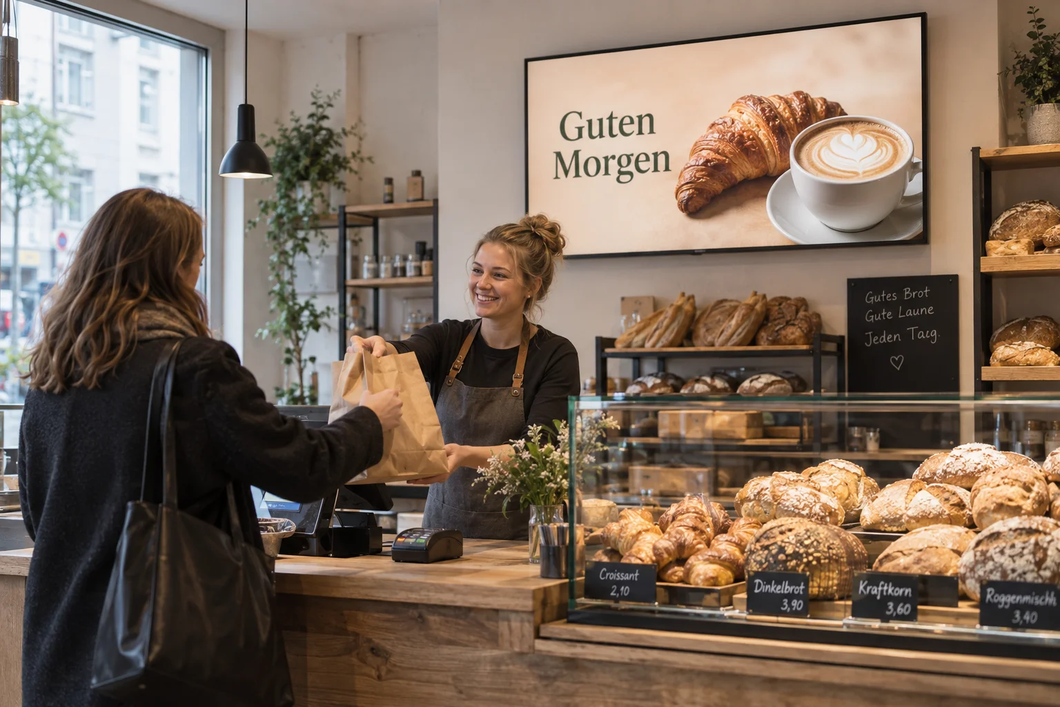 KI-generiertes Anwendungsbeispiel: Bäckereitheke mit eingeschaltetem Frühstücksdisplay und einer Kundin