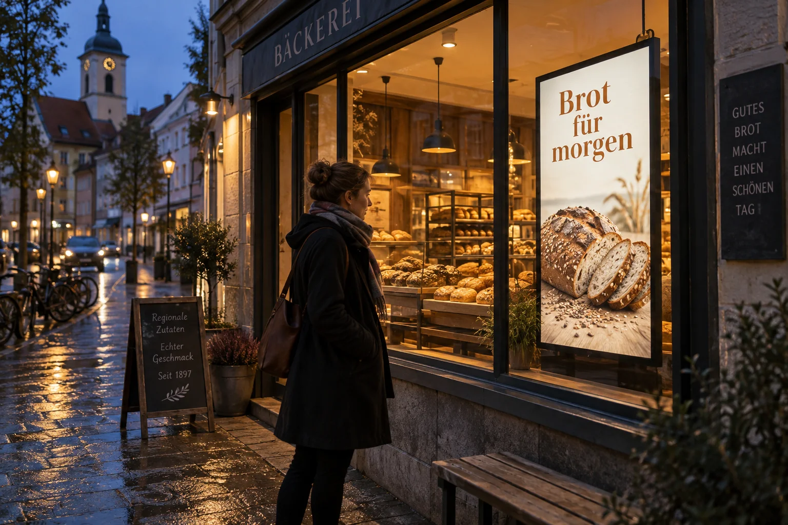 KI-generiertes Anwendungsbeispiel: beleuchteter Bäckereiscreen im Schaufenster mit einer Brotkampagne am Abend