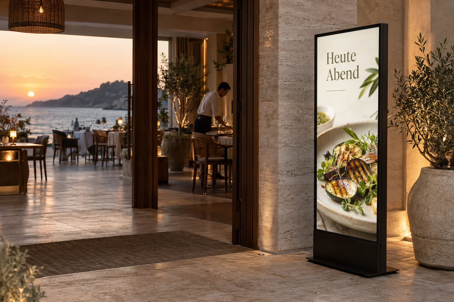 KI-generiertes Anwendungsbeispiel: Hoteleingang zum Restaurant mit aktivem Display für das Abendangebot