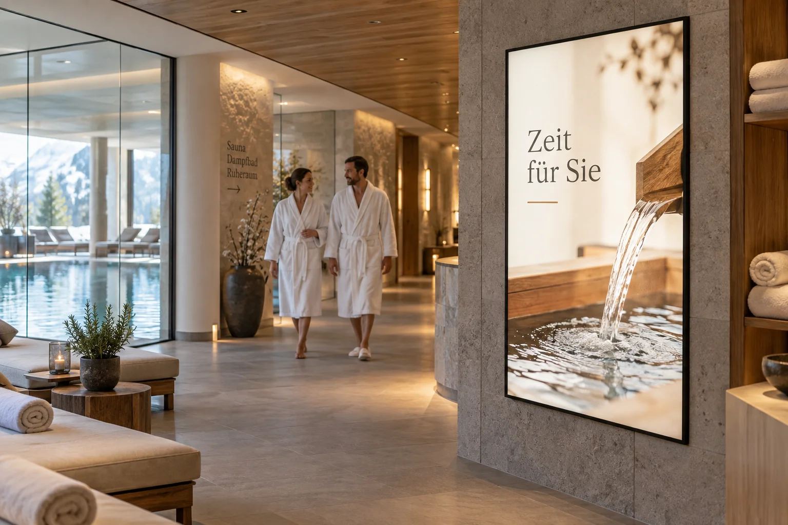 KI-generiertes Anwendungsbeispiel: Wellnessbereich eines Hotels mit eingeschaltetem Spa-Display