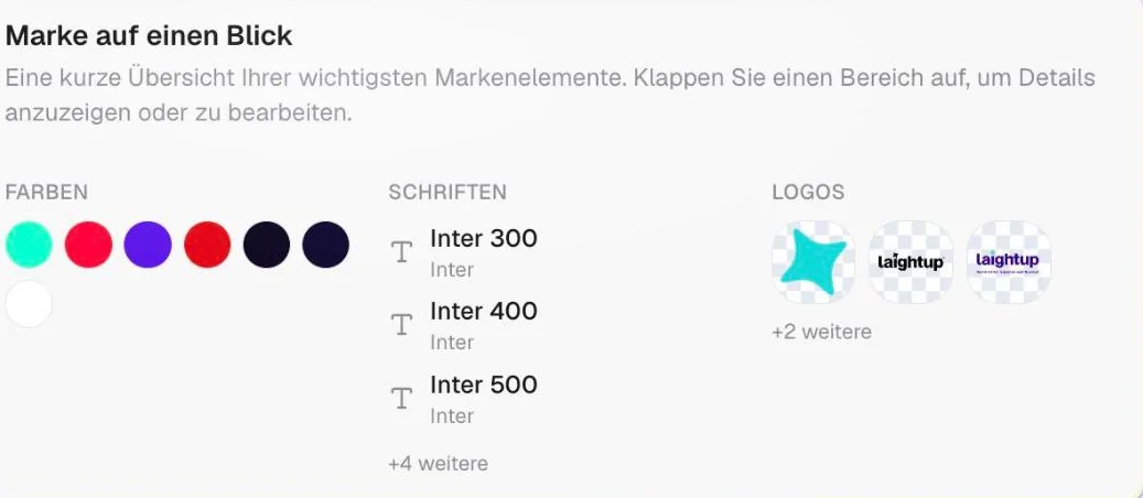 Brand-Kit in laightup: Markenfarben, Schriftschnitte und hinterlegte Logos auf einen Blick