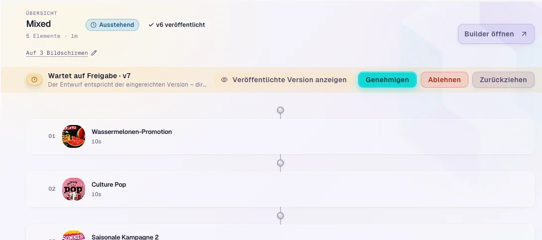 Playlist in laightup wartet auf Freigabe: Version 7 eingereicht, Version 6 veröffentlicht, daneben die Schaltflächen Genehmigen, Ablehnen und Zurückziehen